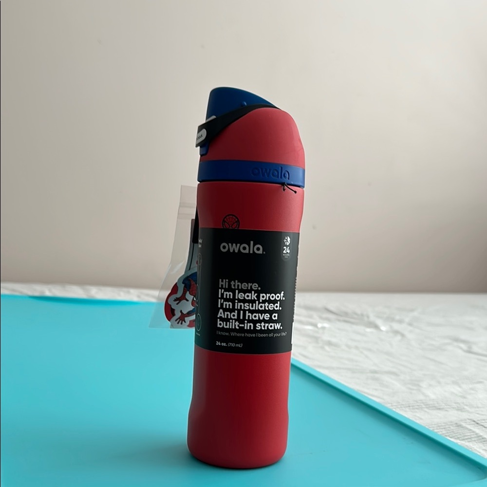 Owala Red and Blue Insulated Water Bottle spiderman themed with stickers